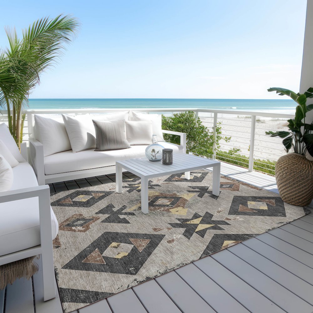 Machine Washable Indoor/Outdoor Chantille Taupe 10' x 14' Rug. Picture 7