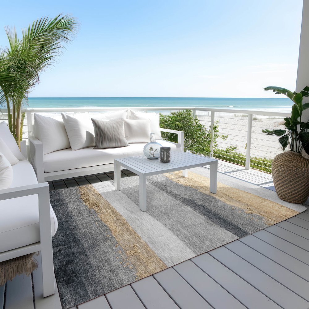 Machine Washable Indoor/Outdoor Chantille Gold 10' x 14' Rug. Picture 7