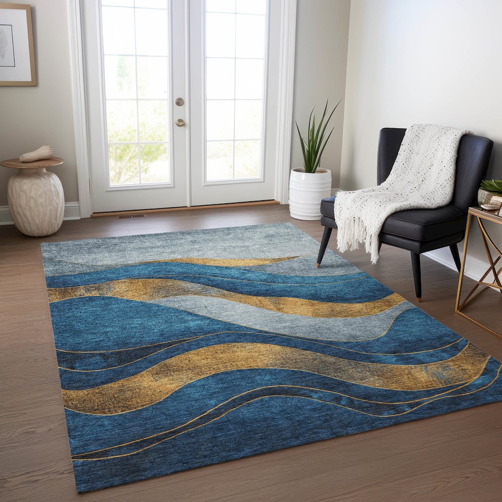Machine Washable Indoor/Outdoor Chantille Blue 10' x 14' Rug. Picture 5