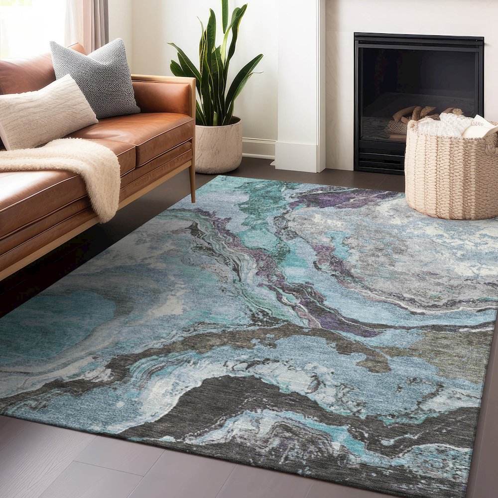 Machine Washable Indoor/Outdoor Chantille Teal 10' x 14' Rug. Picture 5
