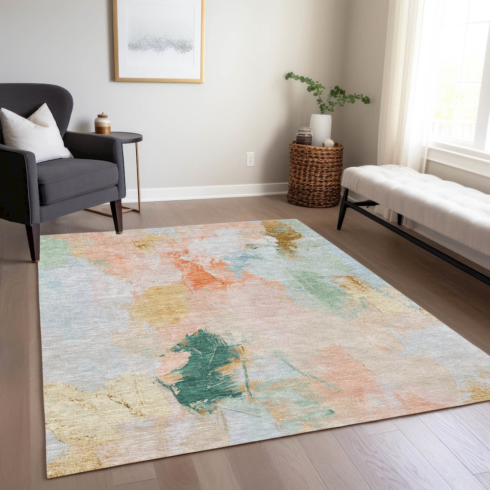 Machine Washable Indoor/Outdoor Chantille Peach 10' x 14' Rug. Picture 6