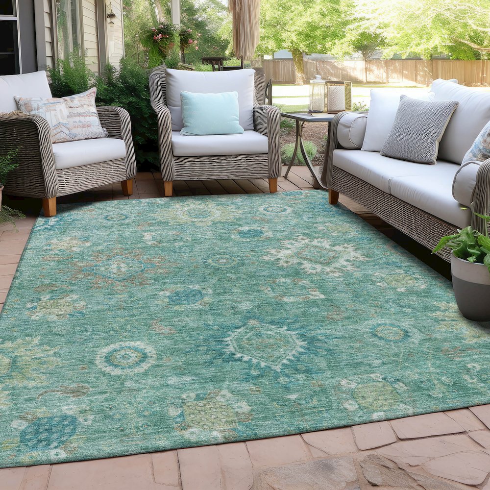 Machine Washable Indoor/Outdoor Chantille Teal 10' x 14' Rug. Picture 7
