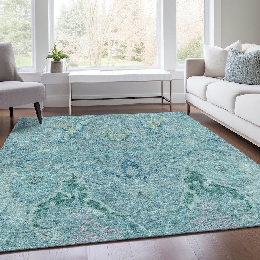 Machine Washable Indoor/Outdoor Chantille Blue 10' x 14' Rug. Picture 6