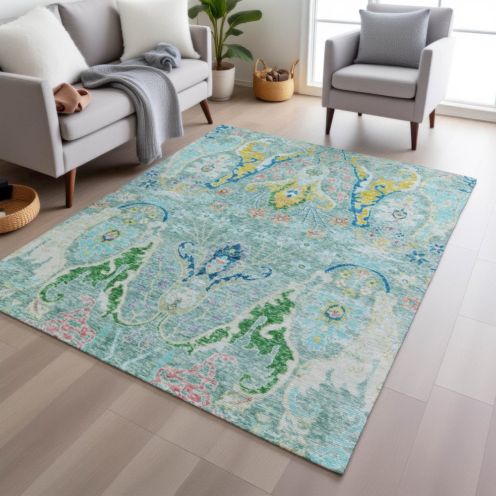 Machine Washable Indoor/Outdoor Chantille Teal 10' x 14' Rug. Picture 5