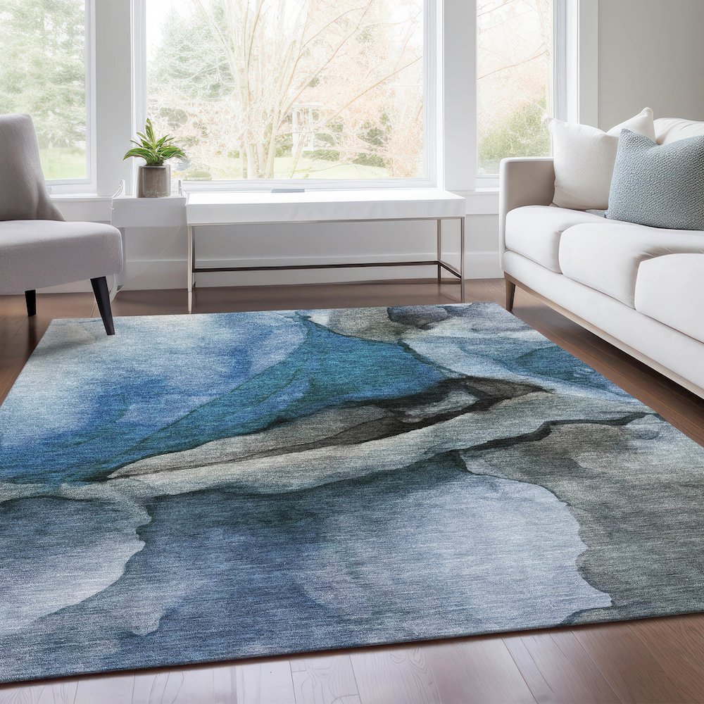 Machine Washable Indoor/Outdoor Chantille Blue 10' x 14' Rug. Picture 6