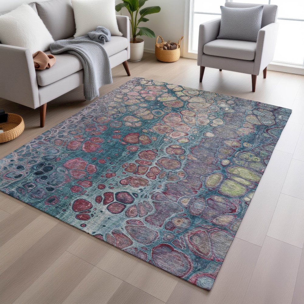 Machine Washable Indoor/Outdoor Chantille Teal 10' x 14' Rug. Picture 5