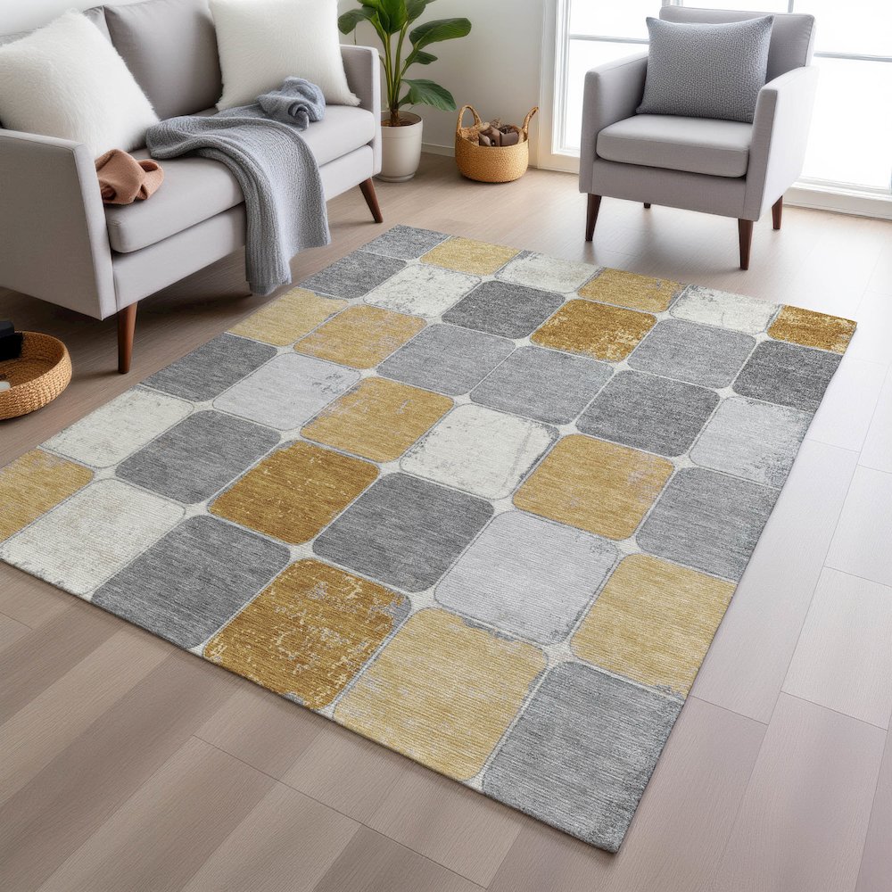 Machine Washable Indoor/Outdoor Chantille Gold 10' x 14' Rug. Picture 5