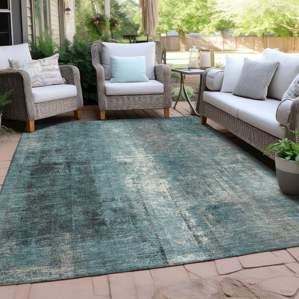 Machine Washable Indoor/Outdoor Chantille Teal 10' x 14' Rug. Picture 7