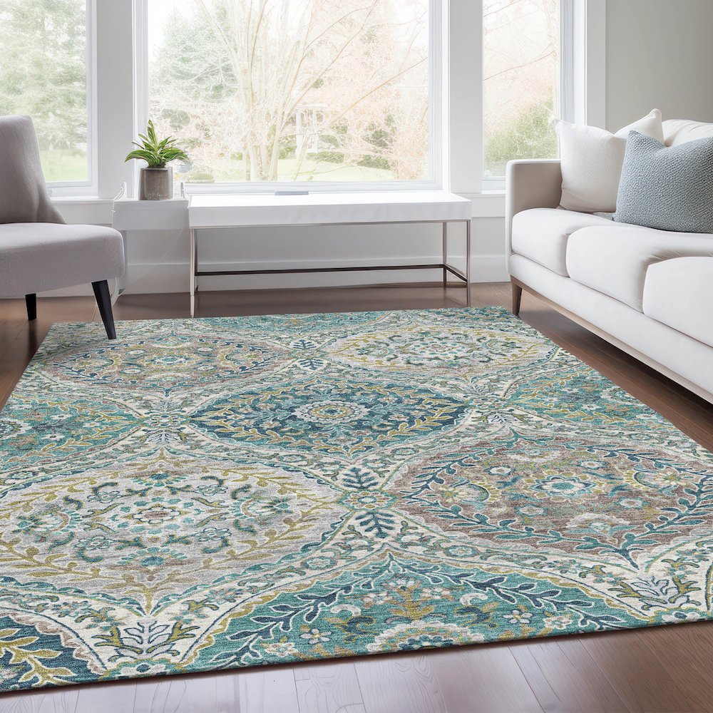 Machine Washable Indoor/Outdoor Chantille Teal 10' x 14' Rug. Picture 6