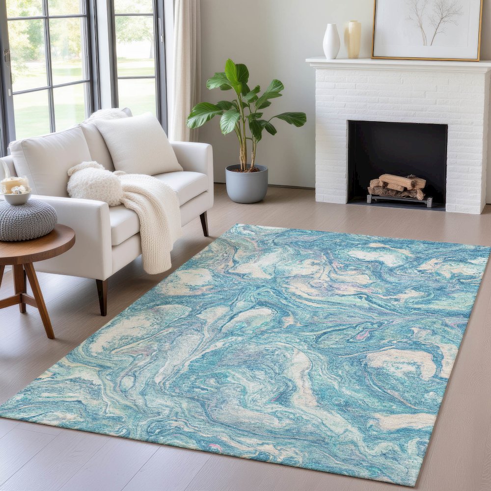Machine Washable Indoor/Outdoor Chantille ACN2017 Teal 10' x 14' Rug. Picture 5