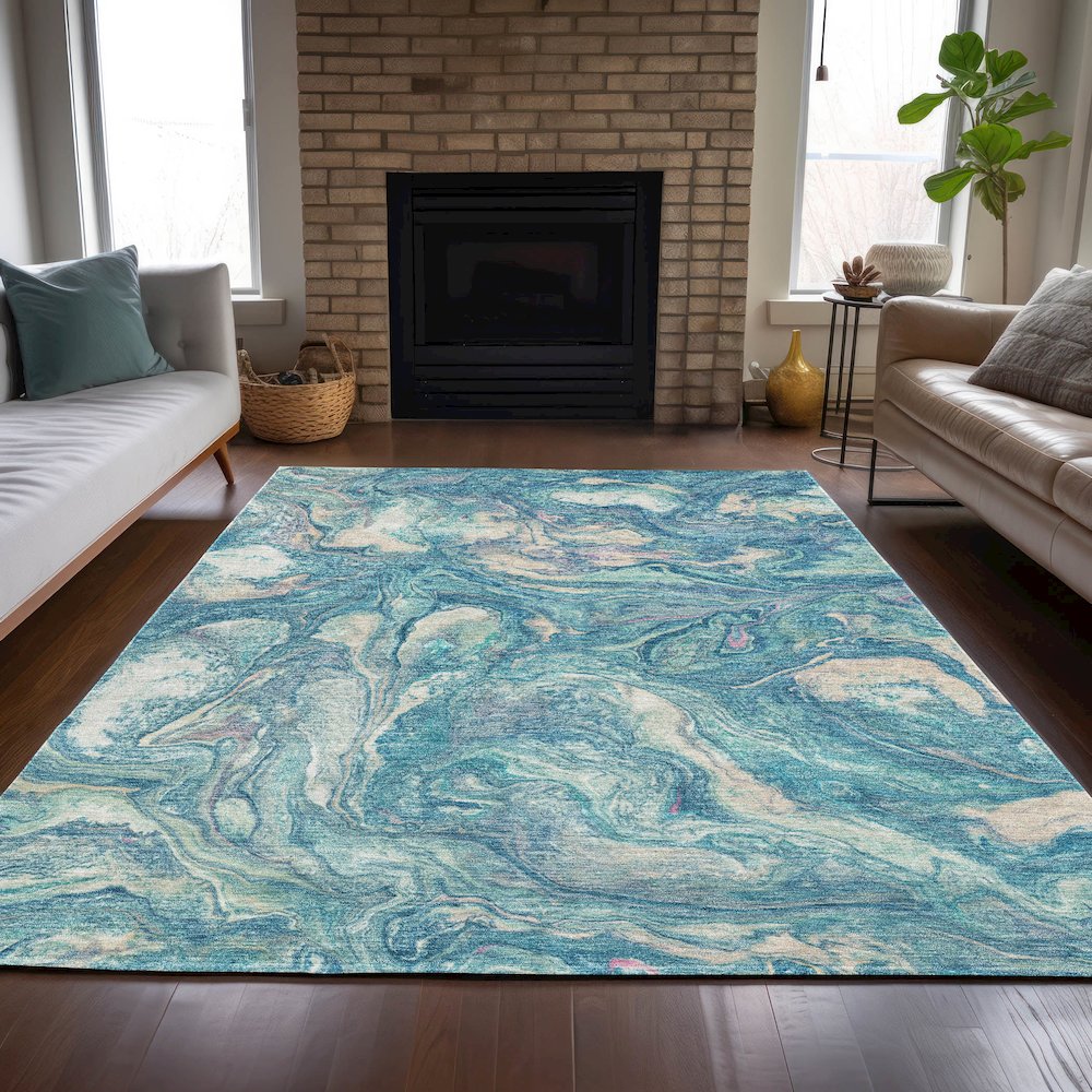 Machine Washable Indoor/Outdoor Chantille ACN2017 Teal 10' x 14' Rug. Picture 6