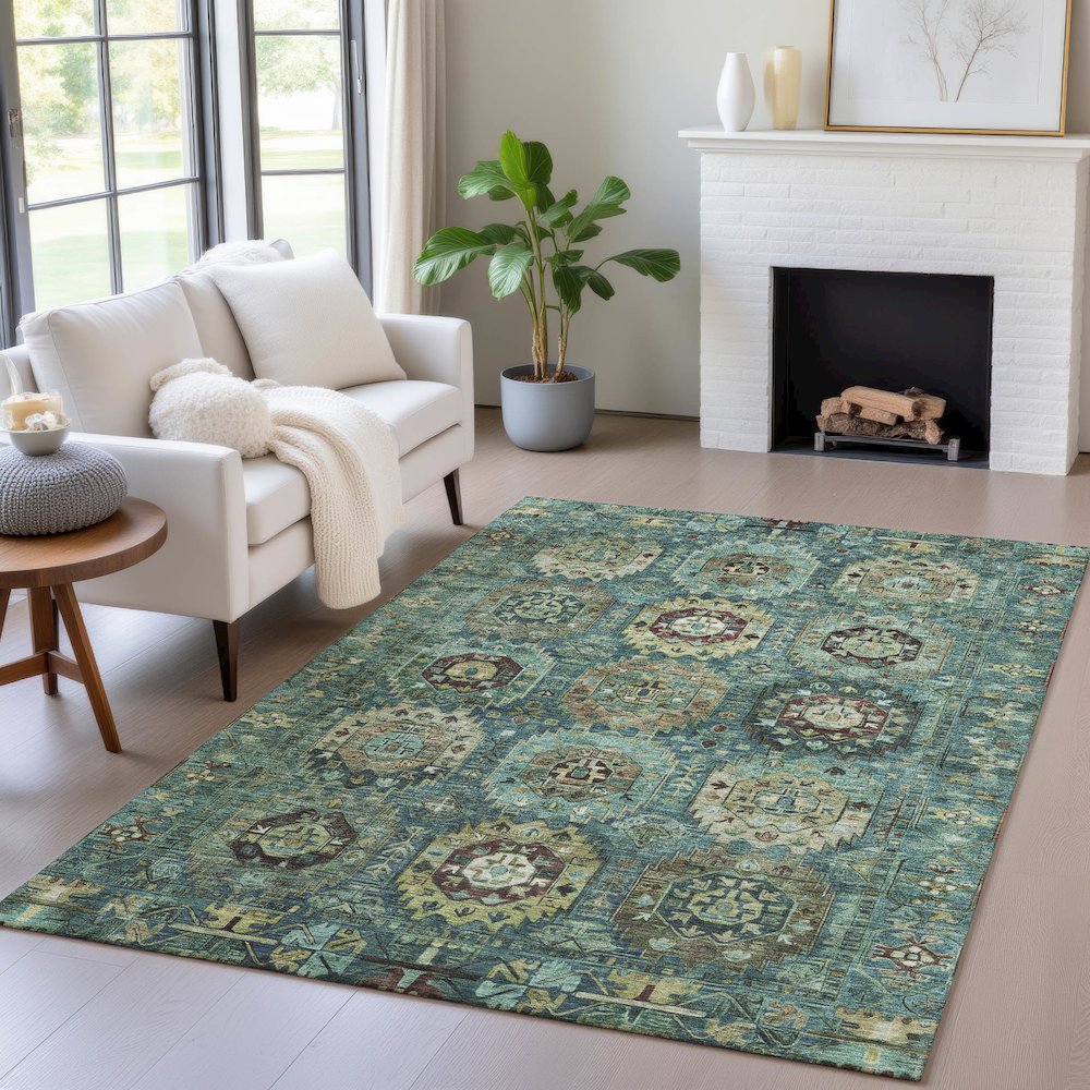 Machine Washable Indoor/Outdoor Chantille ACN2024 Teal 10' x 14' Rug. Picture 5