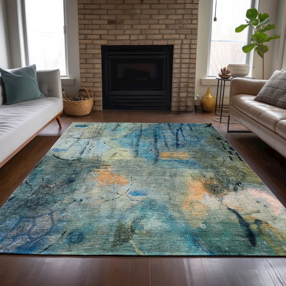 Machine Washable Indoor/Outdoor Chantille ACN2032 Teal 10' x 14' Rug. Picture 6