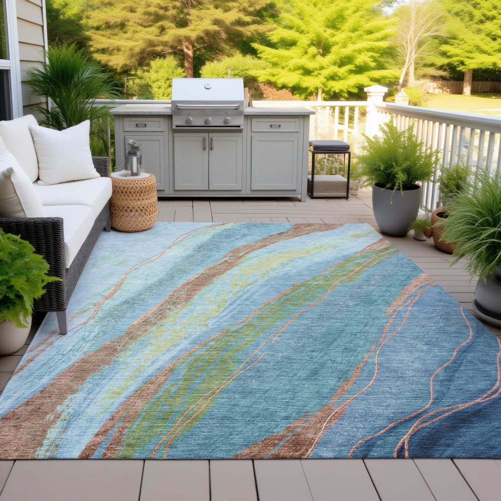Machine Washable Indoor/Outdoor Chantille ACN2037 Blue 10' x 14' Rug. Picture 7