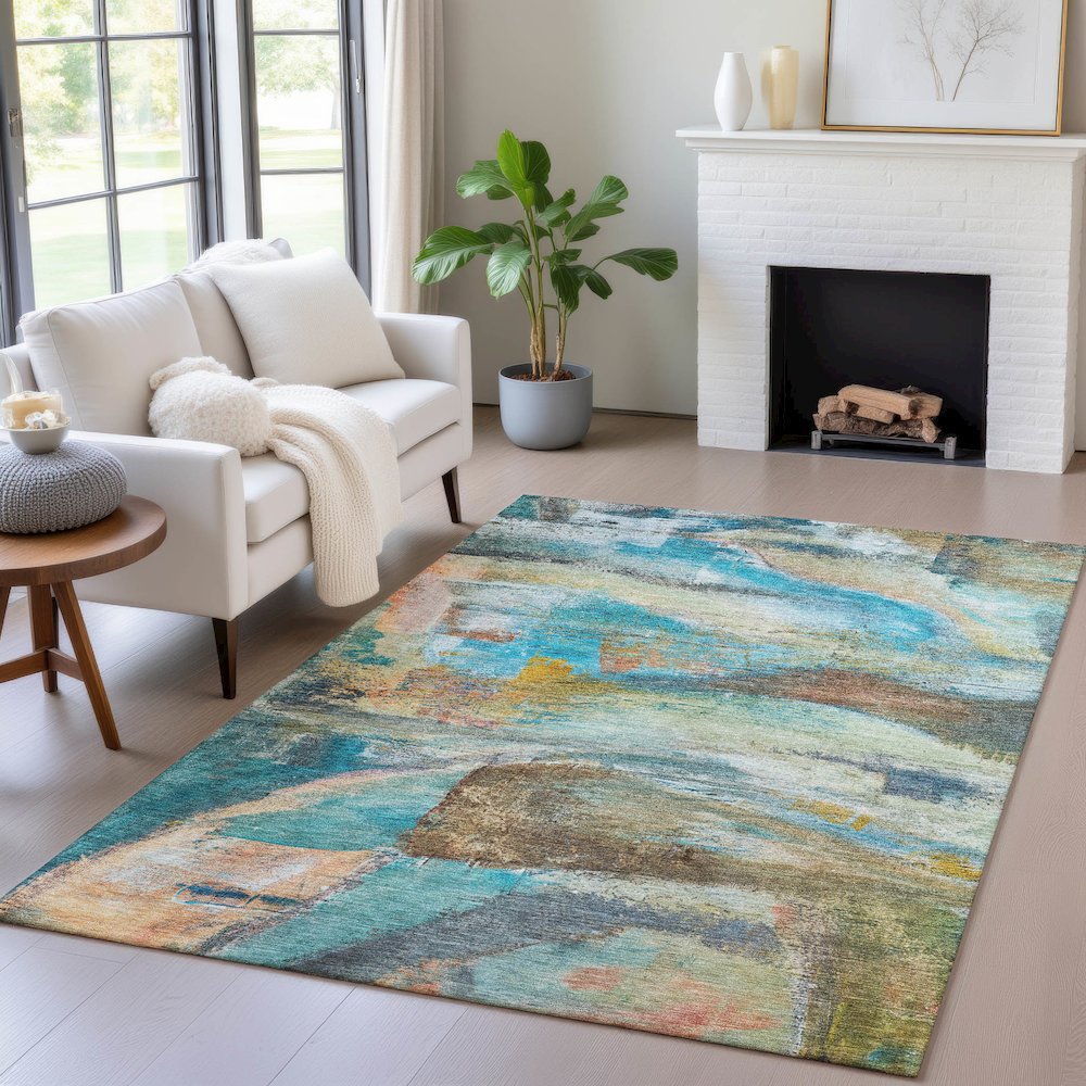 Machine Washable Indoor/Outdoor Chantille ACN2039 Teal 10' x 14' Rug. Picture 5
