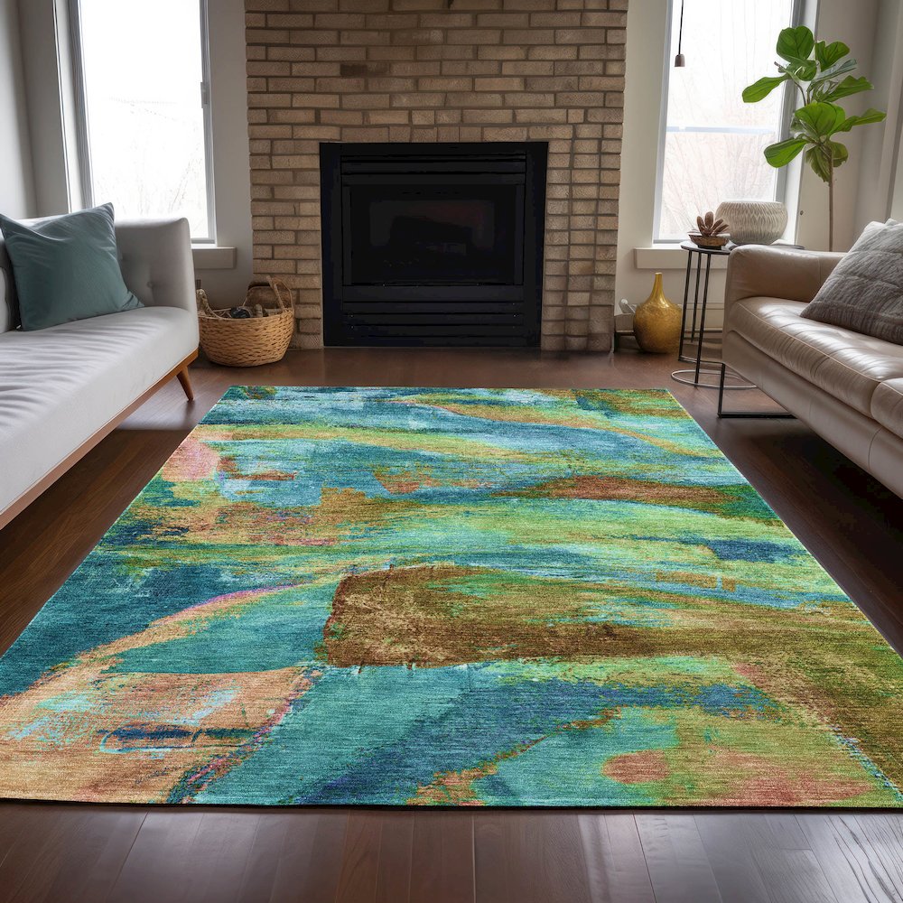 Machine Washable Indoor/Outdoor Chantille ACN2040 Teal 10' x 14' Rug. Picture 6