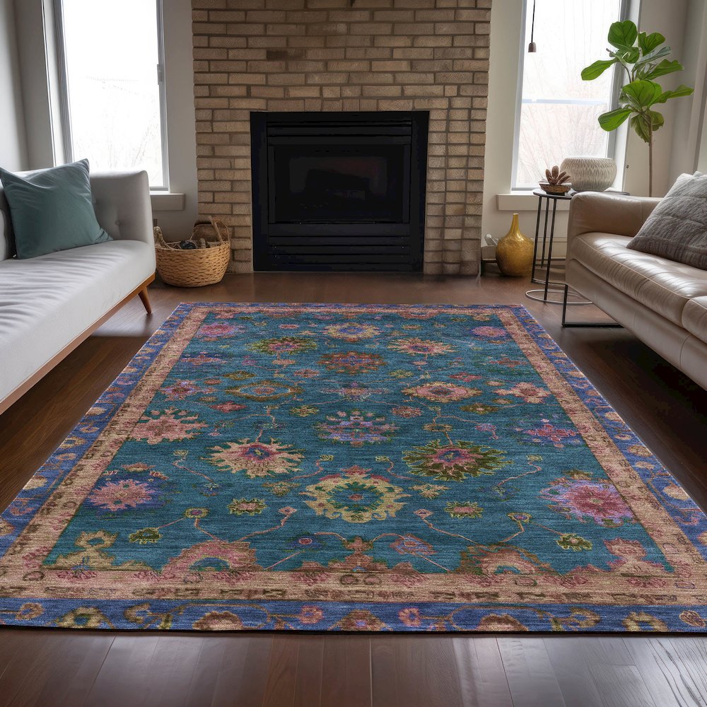 Machine Washable Indoor/Outdoor Chantille ACN2046 Teal 10' x 14' Rug. Picture 6