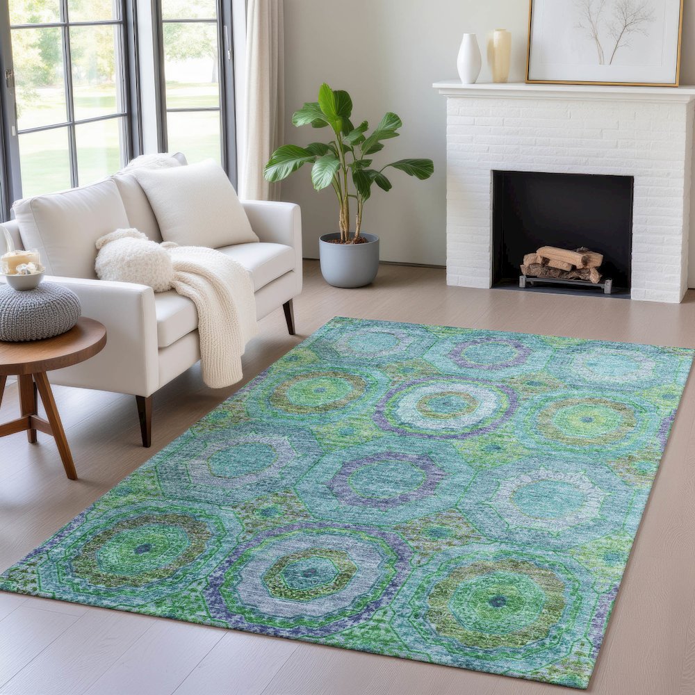 Machine Washable Indoor/Outdoor Chantille ACN2049 Teal 10' x 14' Rug. Picture 5