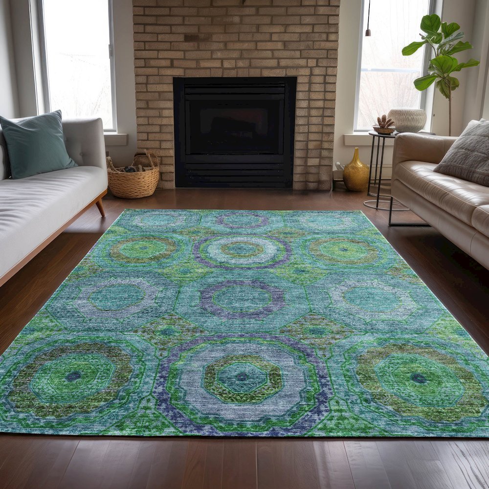 Machine Washable Indoor/Outdoor Chantille ACN2049 Teal 10' x 14' Rug. Picture 6