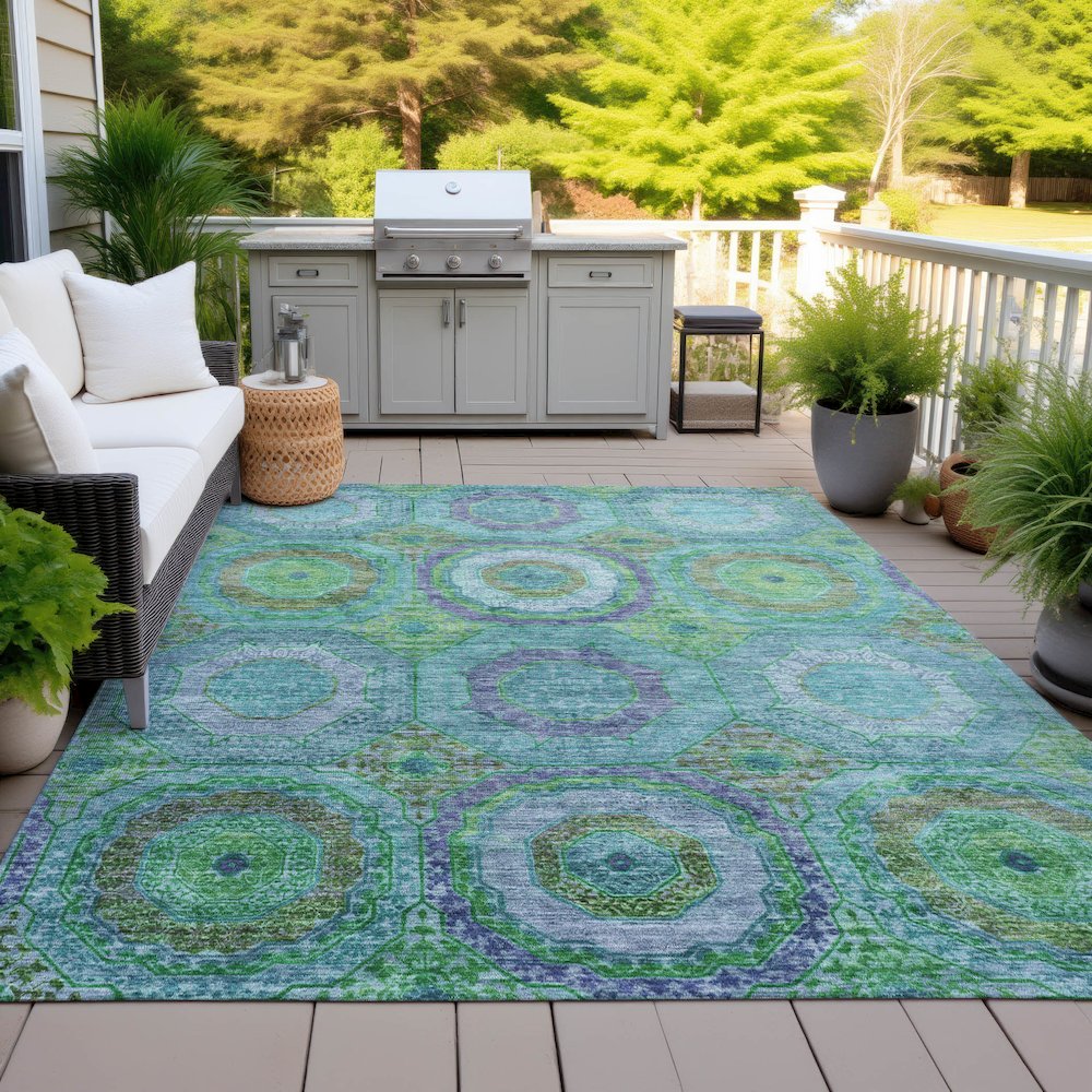 Machine Washable Indoor/Outdoor Chantille ACN2049 Teal 10' x 14' Rug. Picture 7