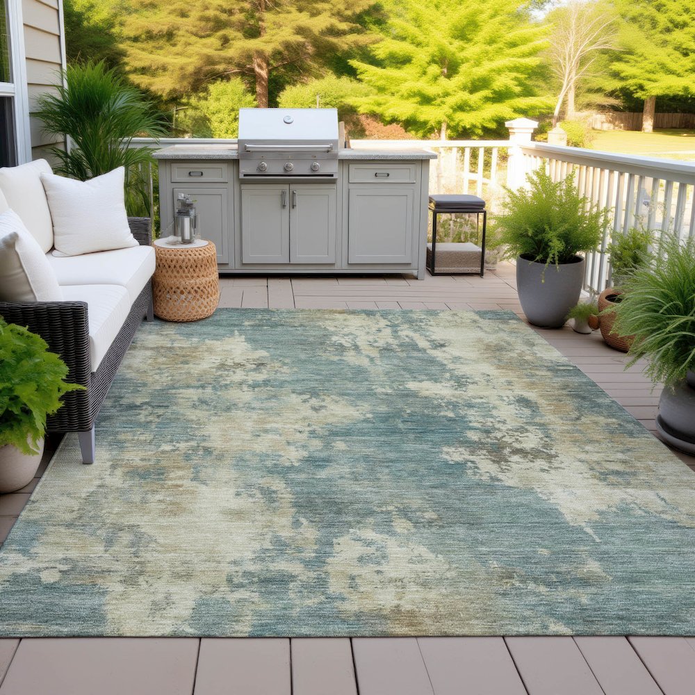 Machine Washable Indoor/Outdoor Chantille ACN2066 Teal 10' x 14' Rug. Picture 7