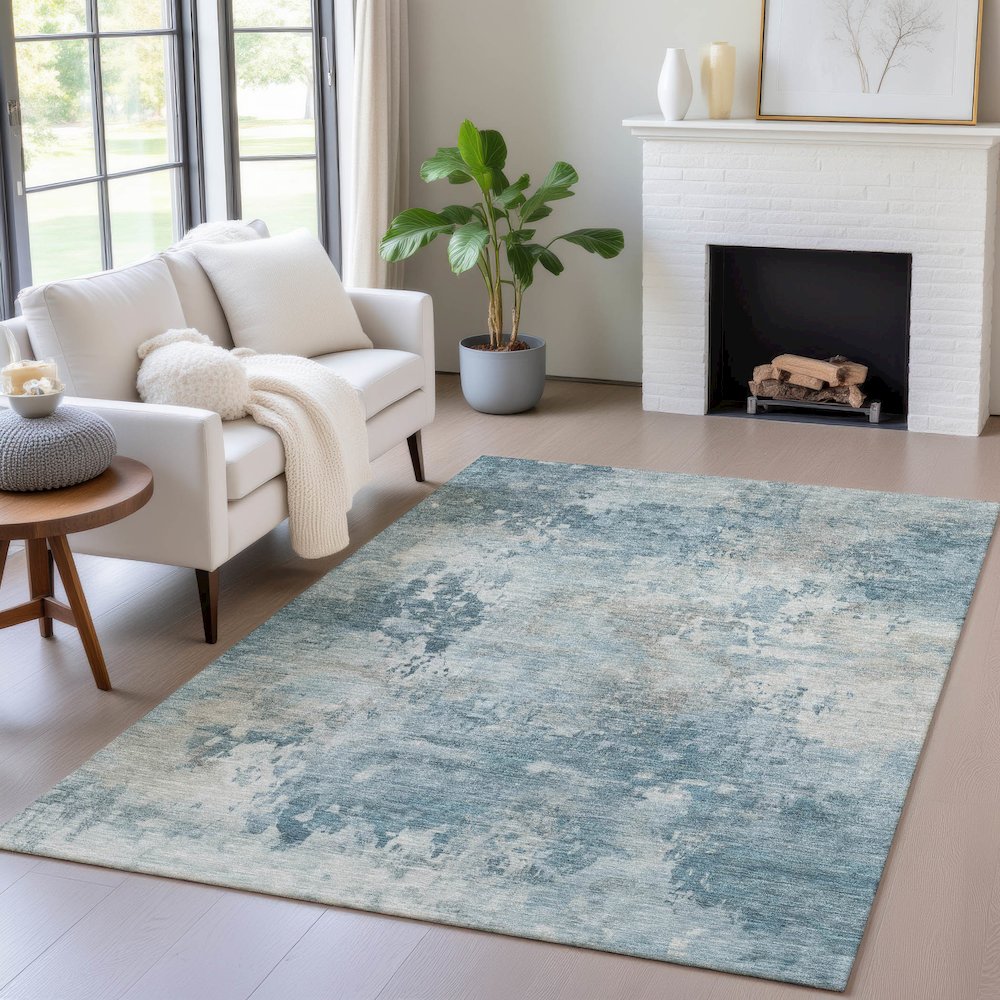 Machine Washable Indoor/Outdoor Chantille ACN2073 Teal 10' x 14' Rug. Picture 5