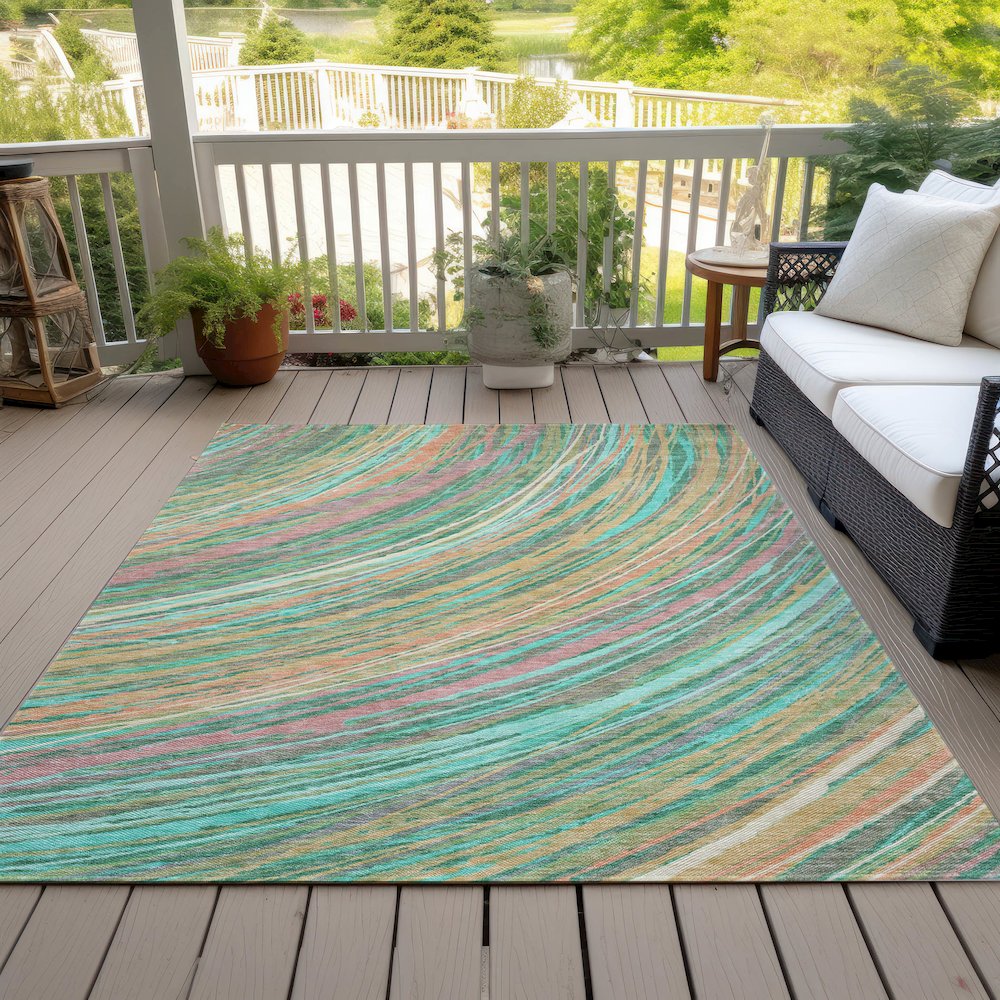 Machine Washable Indoor/Outdoor Chantille ACN2094 Teal 10' x 14' Rug. Picture 8