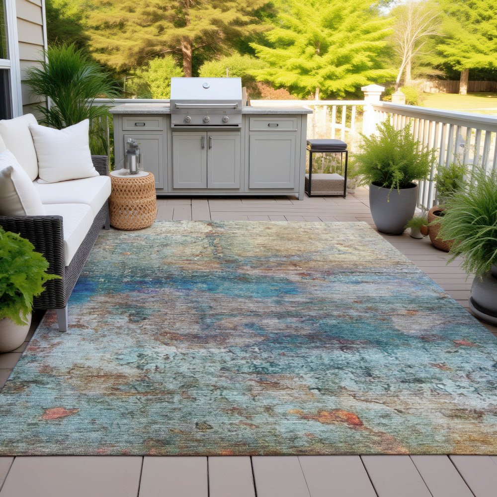 Machine Washable Indoor/Outdoor Chantille ACN2100 Teal 10' x 14' Rug. Picture 7