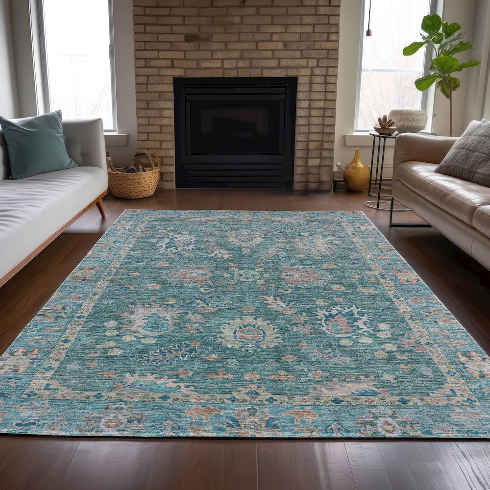 Machine Washable Indoor/Outdoor Chantille ACN2104 Teal 10' x 14' Rug. Picture 6