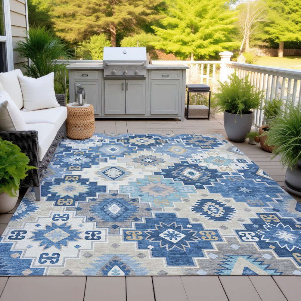 Machine Washable Indoor/Outdoor Chantille ACN2123 Blue 10' x 14' Rug. Picture 7