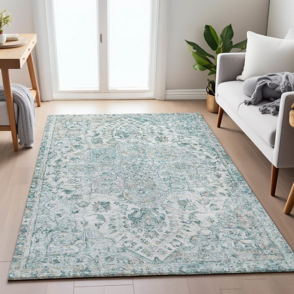 Machine Washable Indoor/Outdoor Chantille ACN2138 Teal 10' x 14' Rug. Picture 5