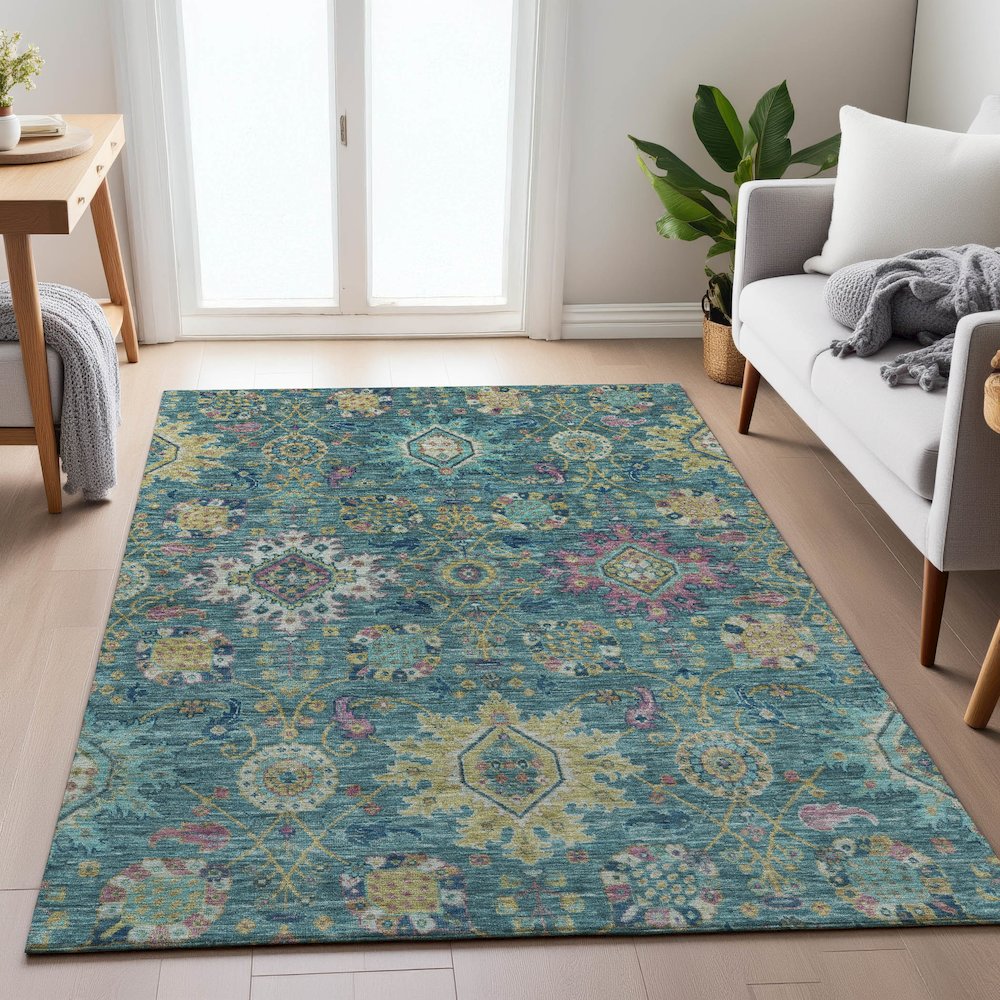 Machine Washable Indoor/Outdoor Chantille ACN2151 Teal 10' x 14' Rug. Picture 5