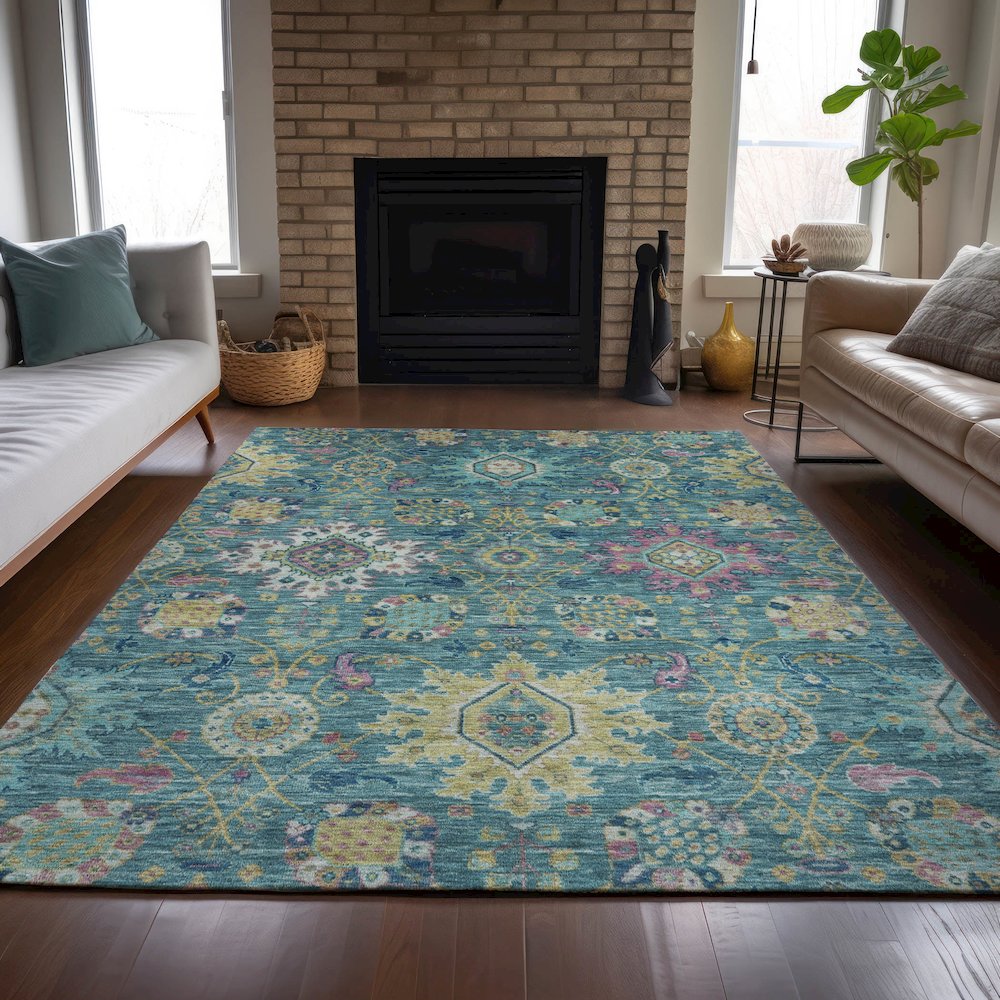 Machine Washable Indoor/Outdoor Chantille ACN2151 Teal 10' x 14' Rug. Picture 6