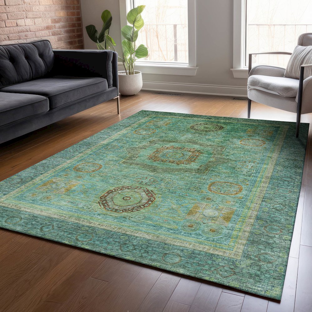 Machine Washable Indoor/Outdoor Chantille ACN2159 Green 10' x 14' Rug. Picture 5