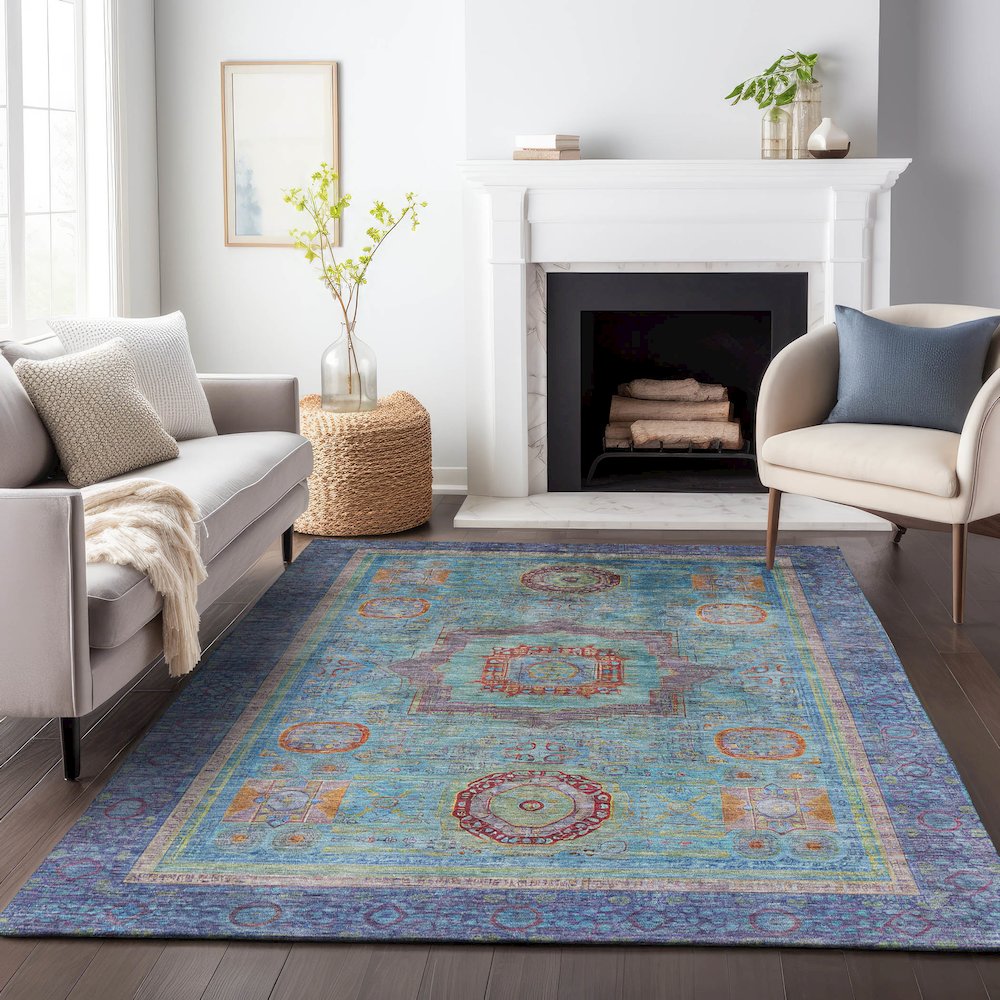Machine Washable Indoor/Outdoor Chantille ACN2159 Teal 10' x 14' Rug. Picture 6