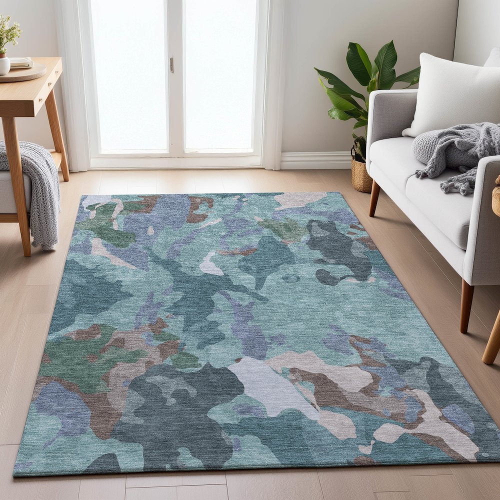 Machine Washable Indoor/Outdoor Chantille ACN2161 Teal 10' x 14' Rug. Picture 5