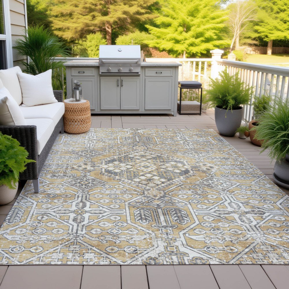Machine Washable Indoor/Outdoor Chantille ACN2197 Gold 10' x 14' Rug. Picture 7