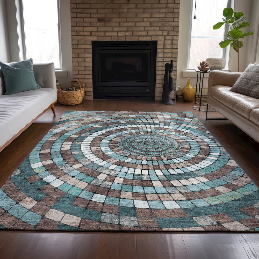 Machine Washable Indoor/Outdoor Chantille ACN2216 Teal 10' x 14' Rug. Picture 6