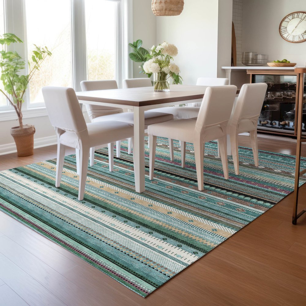 Machine Washable Indoor/Outdoor Chantille ACN2218 Teal 10' x 14' Rug. Picture 5