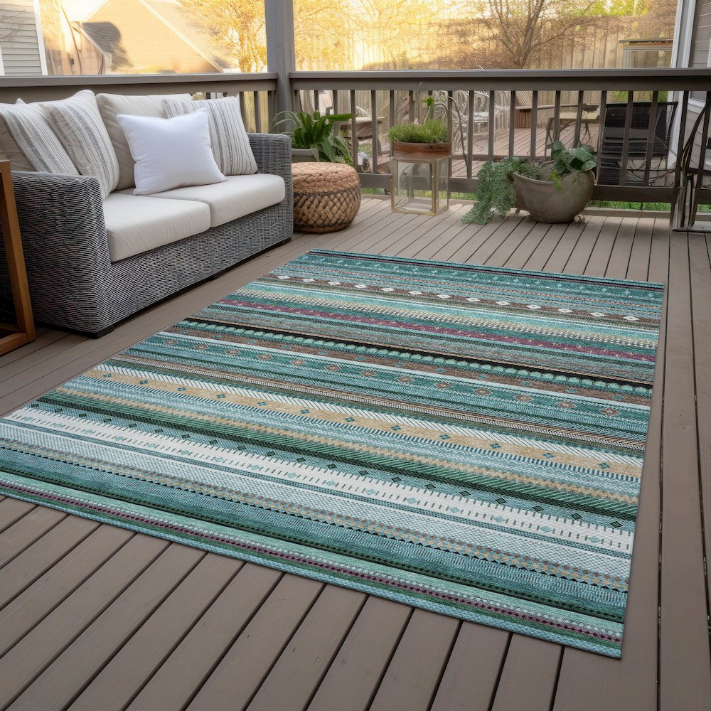 Machine Washable Indoor/Outdoor Chantille ACN2218 Teal 10' x 14' Rug. Picture 8