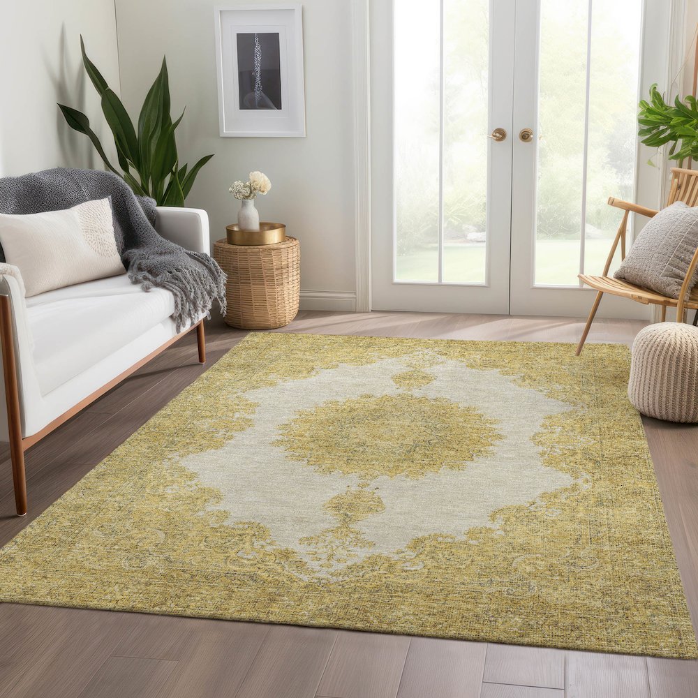 Premium Machine Washable Mayfield AMF1003 Gold 10' x 14' Rug. Picture 6