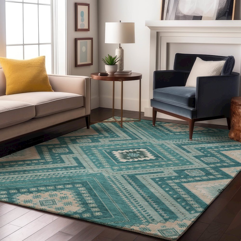 Premium Machine Washable Mayfield AMF1010 Teal 10' x 14' Rug. Picture 5