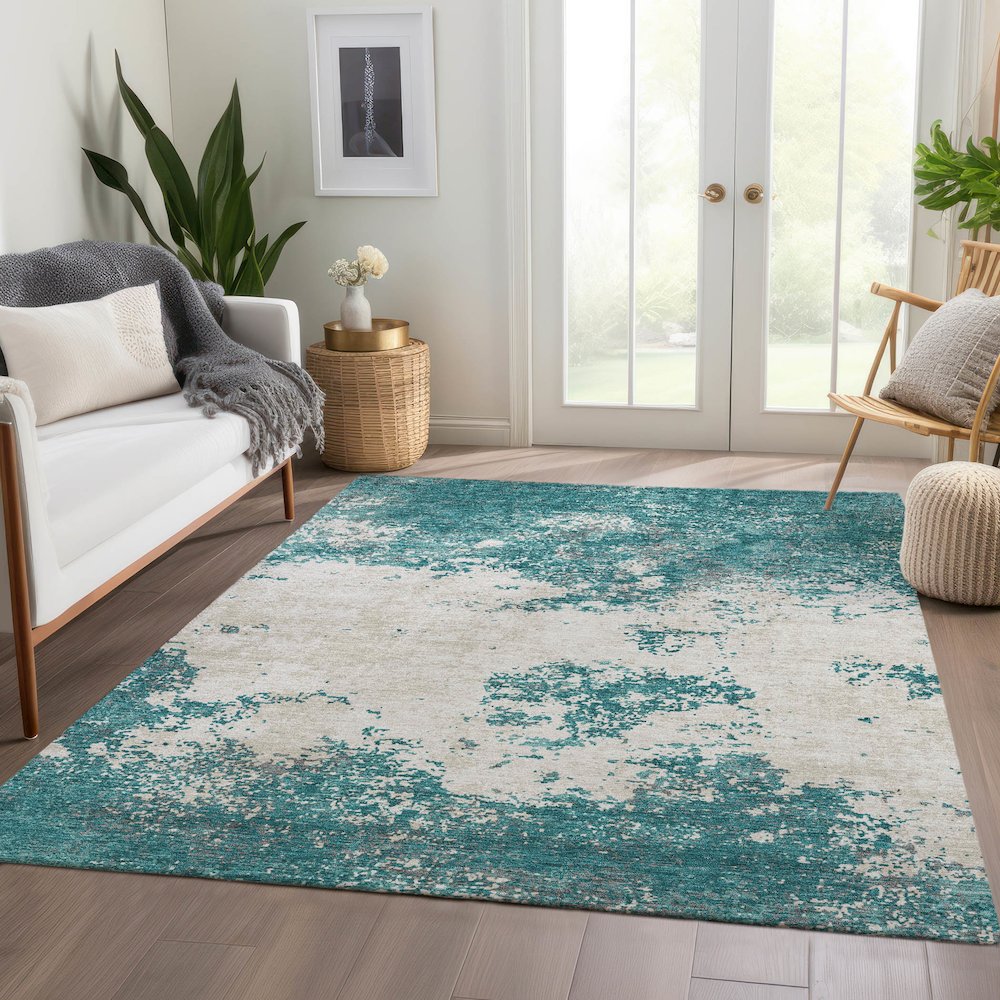 Premium Machine Washable Mayfield AMF1027 Teal 10' x 14' Rug. Picture 6