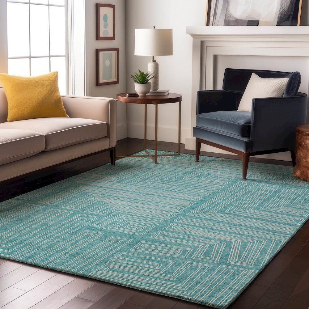 Premium Machine Washable Mayfield AMF1045 Turquoise 10' x 14' Rug. Picture 5
