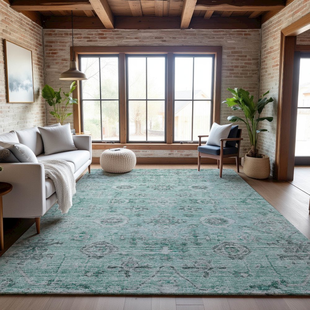 Premium Machine Washable Mayfield AMF1110 Teal 10' x 14' Rug. Picture 5