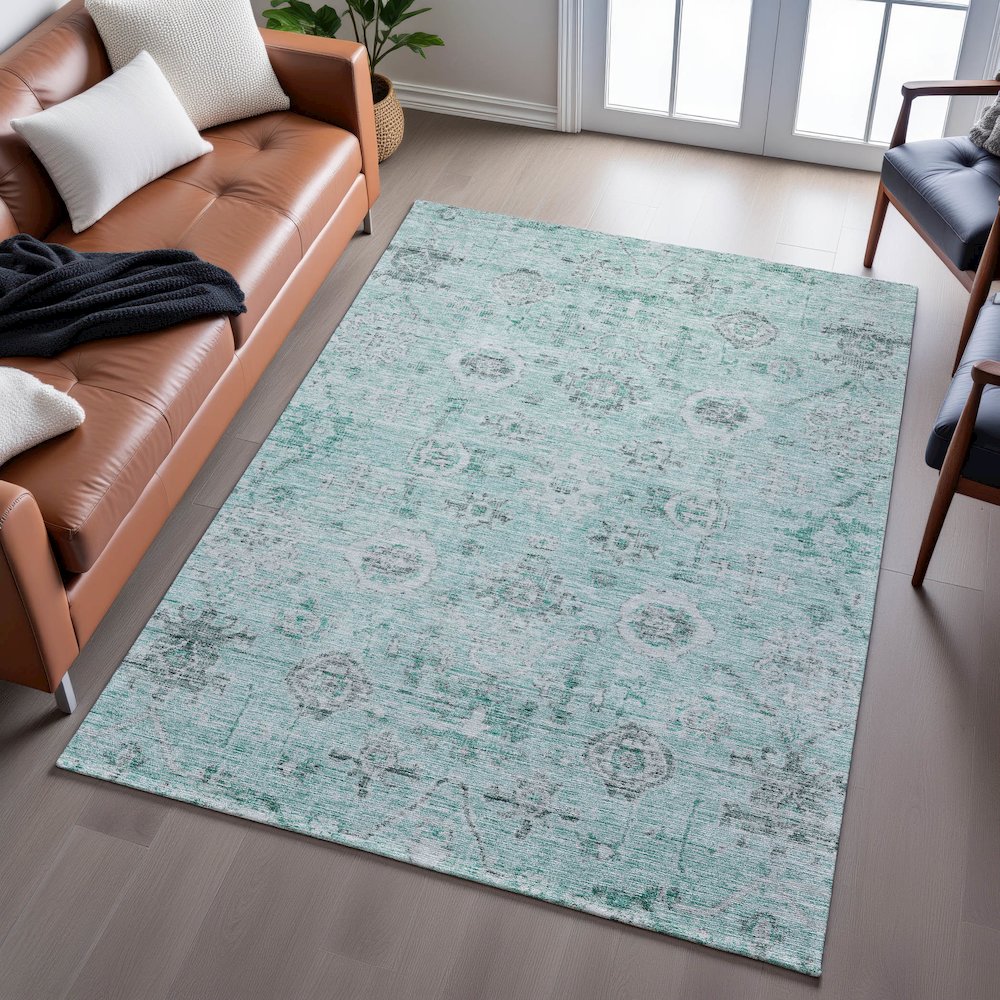 Premium Machine Washable Mayfield AMF1110 Teal 10' x 14' Rug. Picture 6
