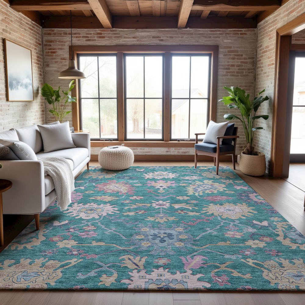 Premium Machine Washable Mayfield AMF1154 Teal 10' x 14' Rug. Picture 5