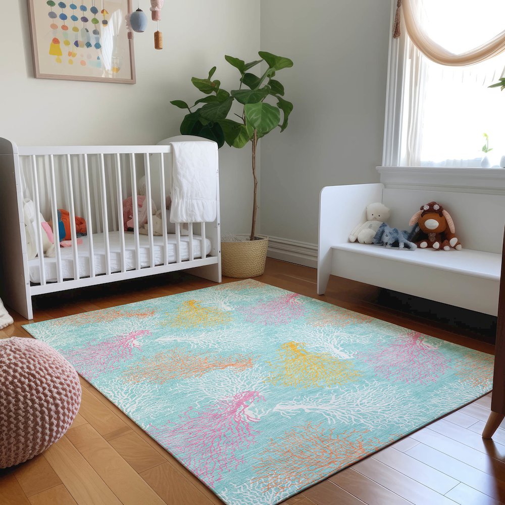 Premium Machine Washable Mayfield  Aqua 10' x 14' Rug. Picture 5