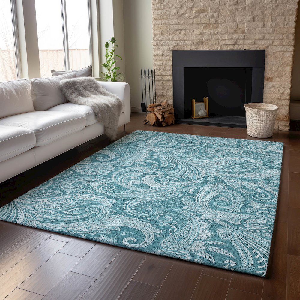 Premium Machine Washable Mayfield AMF654 Turquoise 10' x 14' Rug. Picture 6