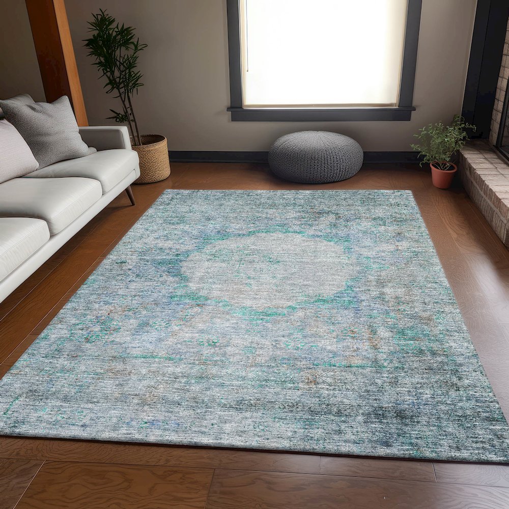 Premium Machine Washable Mayfield AMF675 Teal 10' x 14' Rug. Picture 5